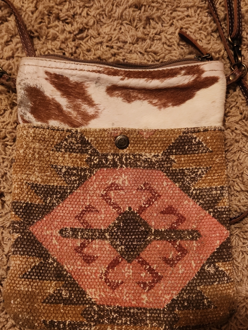 Myra Boho Aztec Crossbody Bag in Brown and Cream